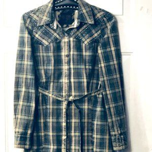 NEW GUESS Sz S Dress Snaps Long Sleeve Army Green/Khaki Plaid Soft Belt